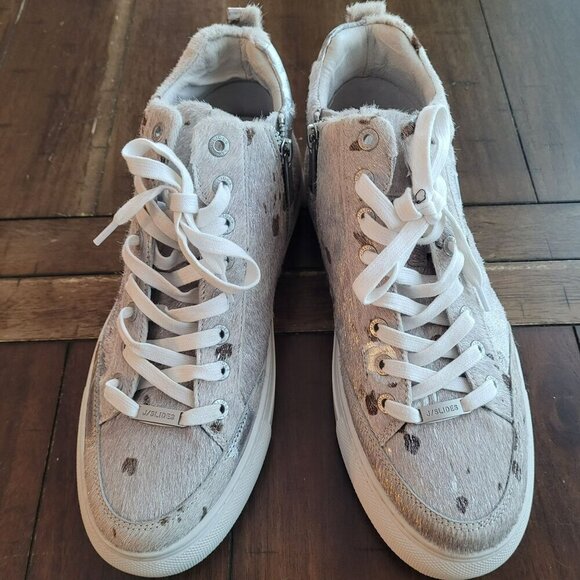 J/Slides NYC Leather Upper High-Top Sneakers With Fur & Silver Accents Size 9 - Picture 1 of 5